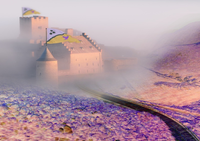 A washed out and faded image of a castle with a purple and orange banner flying from a tower