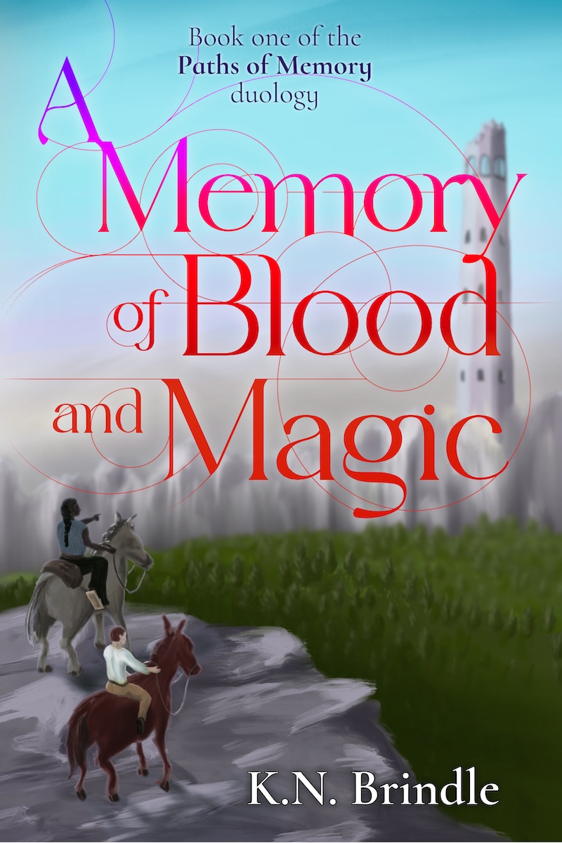 Two people riding mules at the edge of a cliff in the foreground, facing away into the distance. One is pointing across a densely forested valley to distant cliffs where a ruined tower rises against a blue and pink sky.

  The title of the book fills the cover in a smooth gradient from purple to blood red, with circular tracery extending from the letters serifs and ascenders to form a web of intersecting paths.