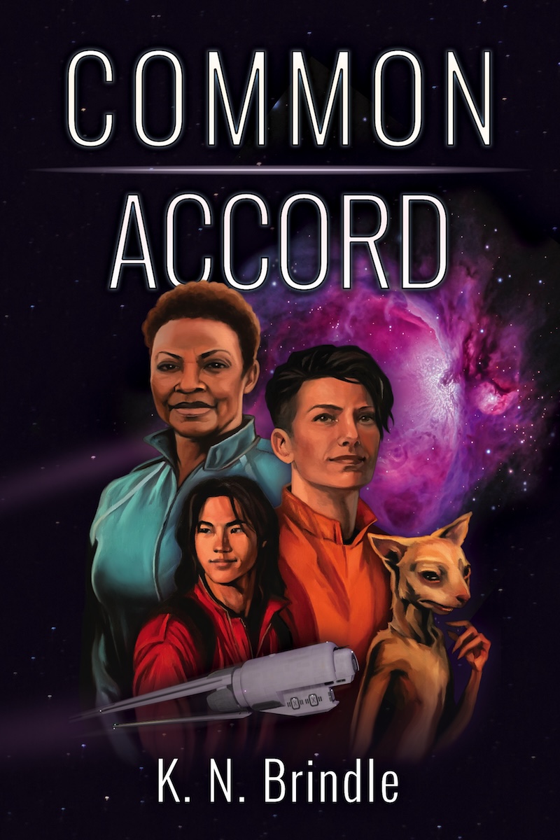 Common Accord book cover. Portraits of four people against a starfield, with a dimensional rift open behind them like a pink cloud. A ship in front of the portraits leaves a trail or light that loops around them to the rift. The four people are: Windy, a black woman in a teal jumpsuit; Jes, a nonbinary person in an orange jumpsuit; Fin, a young man in a red jumpsuit; and Stritch, a vulpine alient known as a triss.